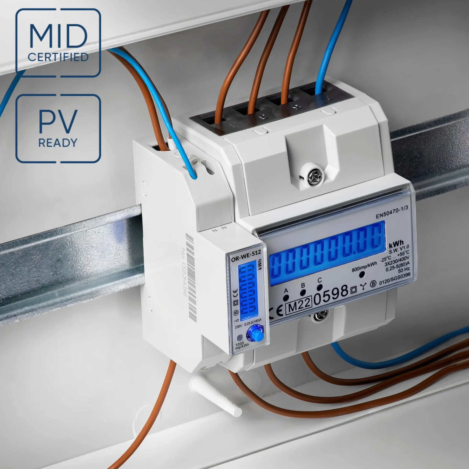 Medidor De Consumo Electrico Trifásico Con Certificado MID DIN TH-35mm 0.25A - 80A