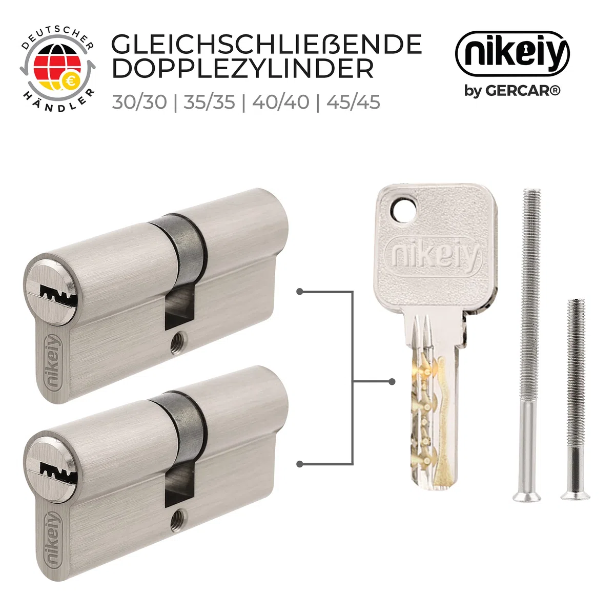 GERCAR Pro Juego de 2 cerraduras cilíndricas de latón niquelado mate 40/40-2x cilindro de cerradura/cerradura de barril 80 mm para puerta - con 10 llaves - Longitud: 80 mm, A: 40 B: 40