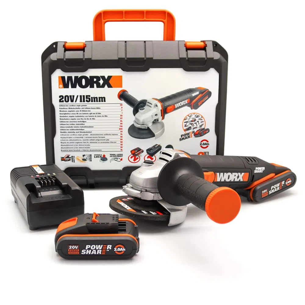 Worx WX800 Amoladora Angular 115mm 20V 8.000rpm 2 Baterías | Disc. 115mm, husillo M14, disco desbaste metal, cargador 1h, 2 baterías 2Ah, maletín