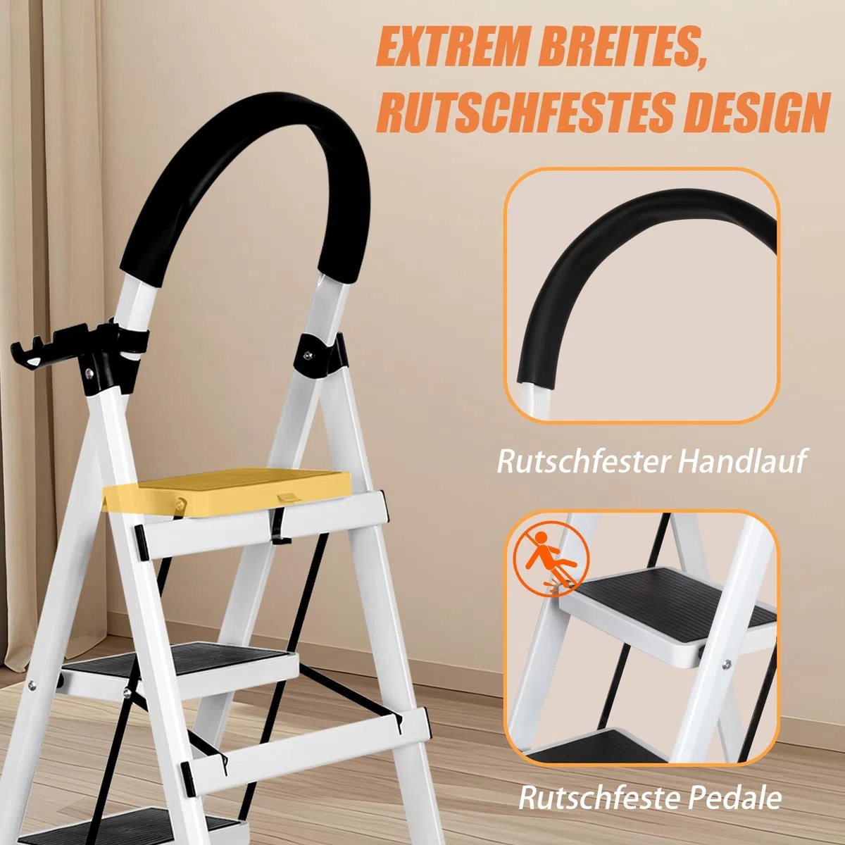 Escalera plegable de 5 peldaños, escalera plegable de 5 niveles, con bandeja para herramientas y pasamanos, escalera doméstica para casa, cocina, trastero, armarios, oficina, color: blanco