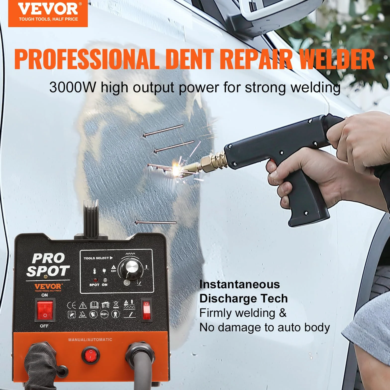 VEVOR Soldador por Puntos Extractor de Abolladuras para Carrocería 3 kW 6 Modos Kit de Soldadura Herramienta de Reparación de Carrocería 16 Accesorios para Eliminación de Abolladuras de Vehículos