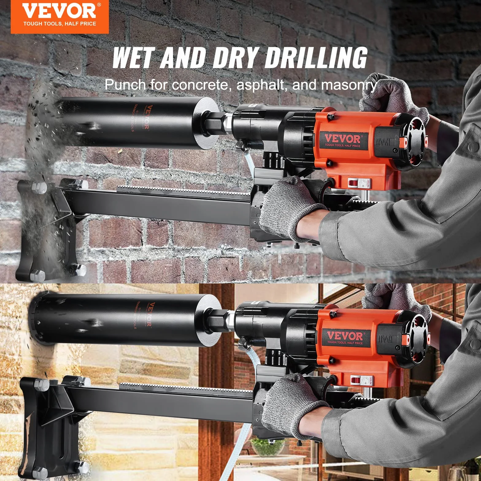 VEVOR Taladro de Diamante Diámetro Máximo de 20 cm Máquina Perforadora de Diamante Profundidad de 60 cm Perforación en Seco y Húmedo 750 rpm Taladro Diamantado para Construcción de Hormigón Armado