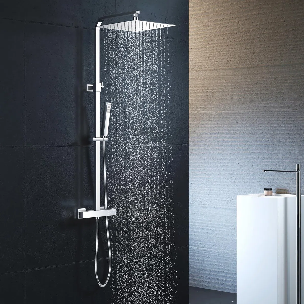 Columna ducha Termostática, YOOZENA Duchas de Baño Columna Alcachofa de Ducha con Manguera,Regulable en acero inoxidable Cromado Cuadrada