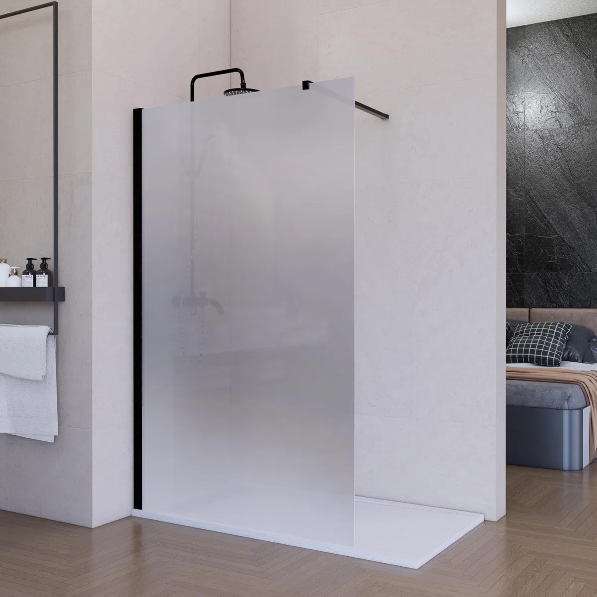 Mampara de Ducha Fija Negra 90 x 200 cm Vitrificada, Cristal Templado Translucida 8 mm con Antical, Panel Walk In Reversible para Baño Moderno