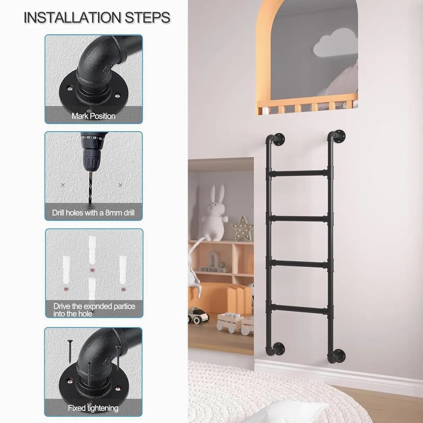 Escalera antideslizante, escalera de escape de incendios de hierro de Metal ferroso montada en la pared, escalera de seguridad del techo al aire libre con camión ático pesado de 330 libras,Black-1.4M