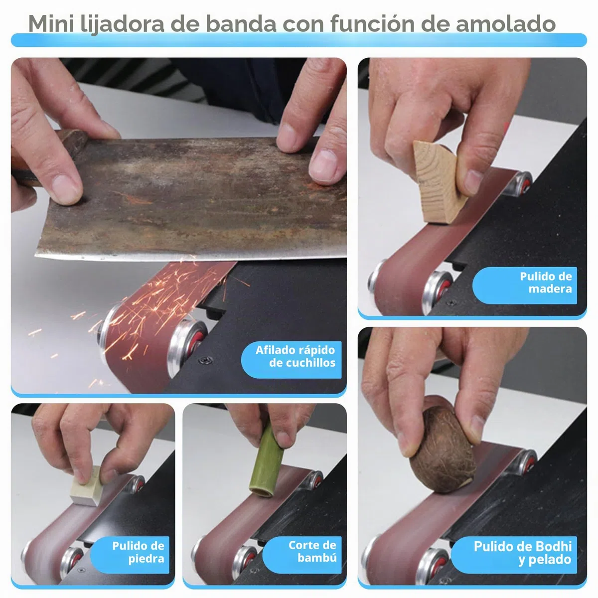 Mini Sierra de Mesa, Sierra Compacta con Lijadora de Banda, 200W Multifuncional Portátil para DIY, 4 Cuchillas, Profundidad de Corte 0,1-30mm