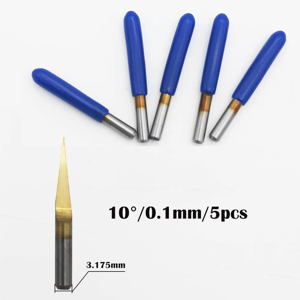 CESFONJER 5 Pcs Brocas Carburo, 3.175mm Shank 10 Grados 0,1 mm punta recubierto titanio Grabado Bits CNC Router Herramienta Bit