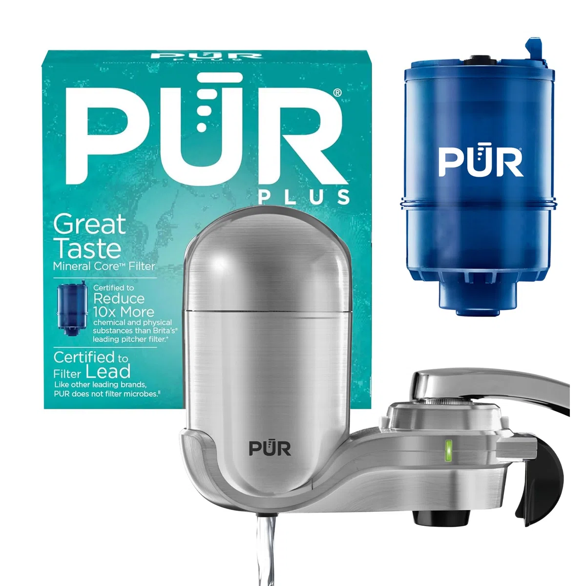 PUR PLUS FM4000B - Sistema de filtración de agua para montaje en grifo, 3 en 1, potente, filtración mineral natural con reducción de plomo, vertical, acero inoxidable