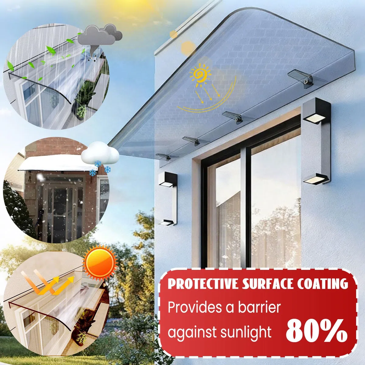 Marquesina Puerta Exterior en Policarbonato - Tejadillo de Exterior con Placas Transparentes, Protector Lluvia para Puertas y Ventanas (3.5mm Grosor)