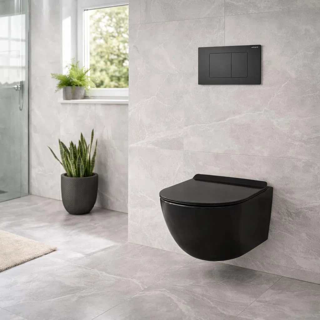 Inodoro suspendido completo - Cerámica - Sin bridas - Negro brillo - Soft-close - Cisterna empotrada CHRONO - Pulsador negro CROMO - Tapa extra fina - Diseño elegante y moderno