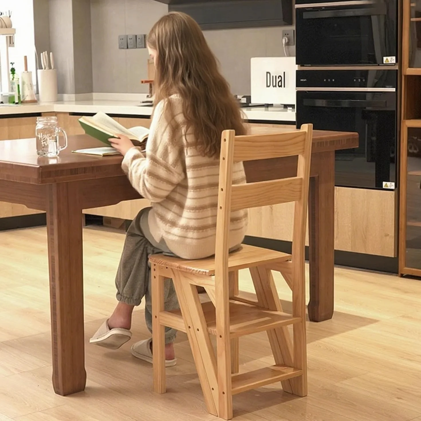 Silla Escalera Plegable 3 en 1 de Madera Sólida, Taburete Escalonado Convertible y Estante de Exhibición, Escalera Multifuncional de 4 Niveles, para el Hogar, Cocina, Biblioteca (Madera)