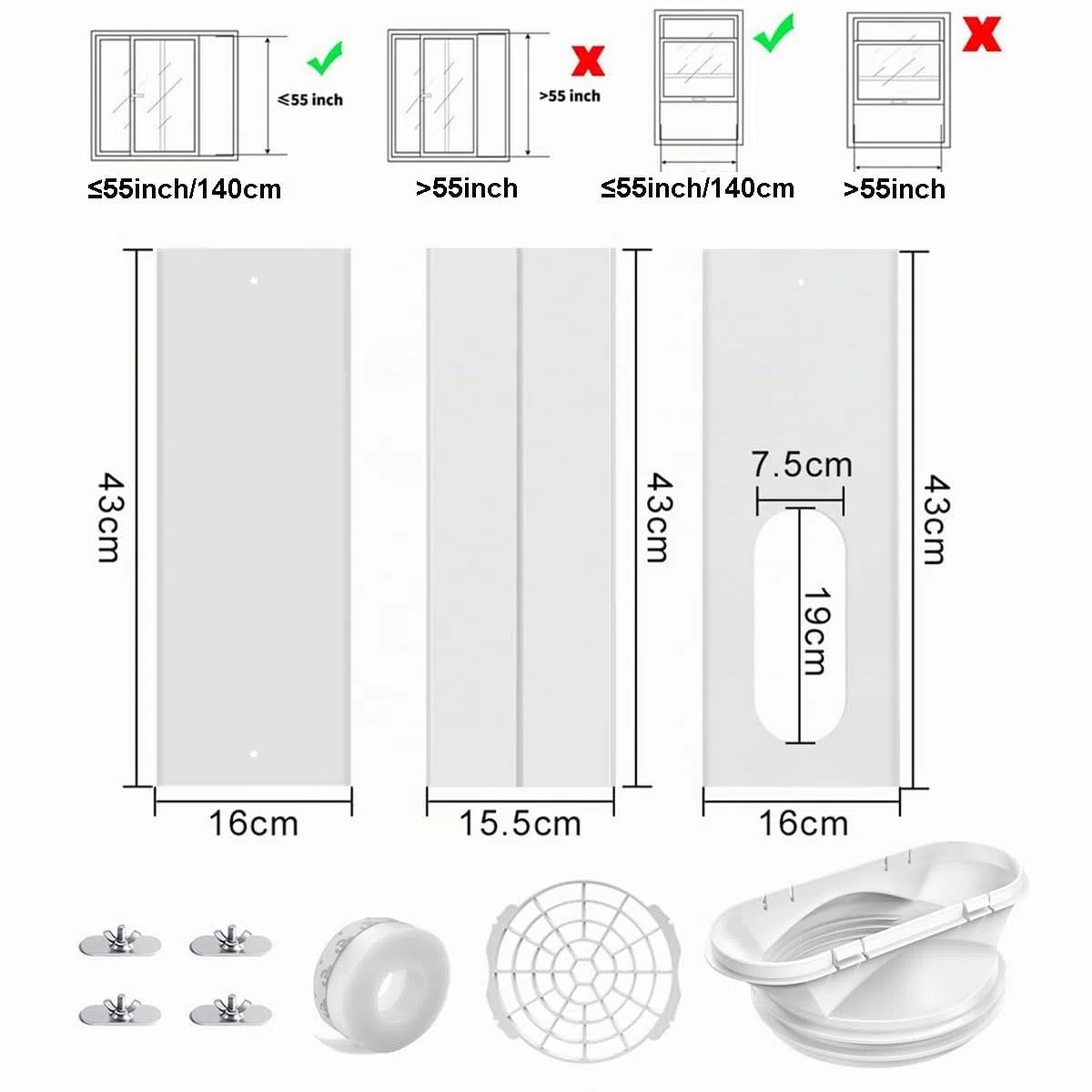Kit de ventilación de ventanas de aire acondicionado portátil, kit de ventana de CA portátil, longitud ajustable de 43 a 144 cm