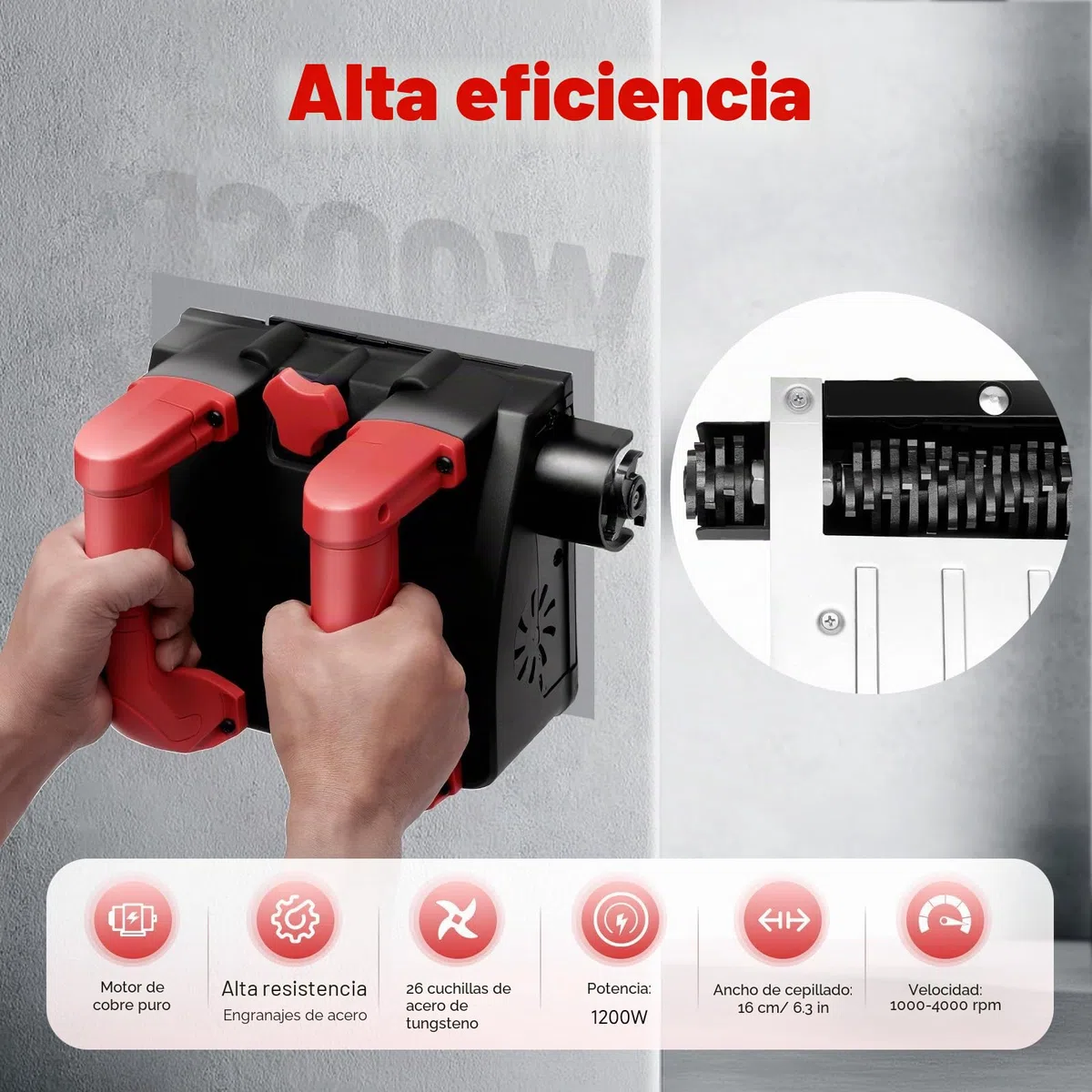 1200 W Muro Rompedor, Amoladora de hormigón con 26 cuchillas Velocidad 3000 R/MIN Ajuste de altura 1-4 mm para pared Concrete yeso yeso mortero agua cal