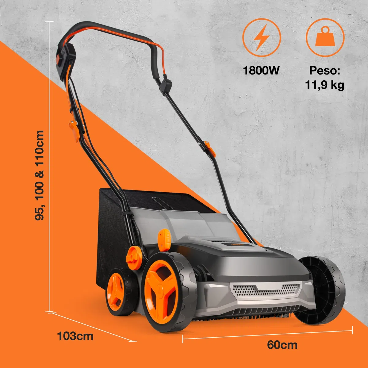 VonHaus Cepillo para Césped Artificial - Peinadora Barredora de Césped Artificial con Bolsa de Recogida, 5 Alturas Ajustables, 330-380 mm de Ancho de Trabajo y Asa Plegable (1800 W)