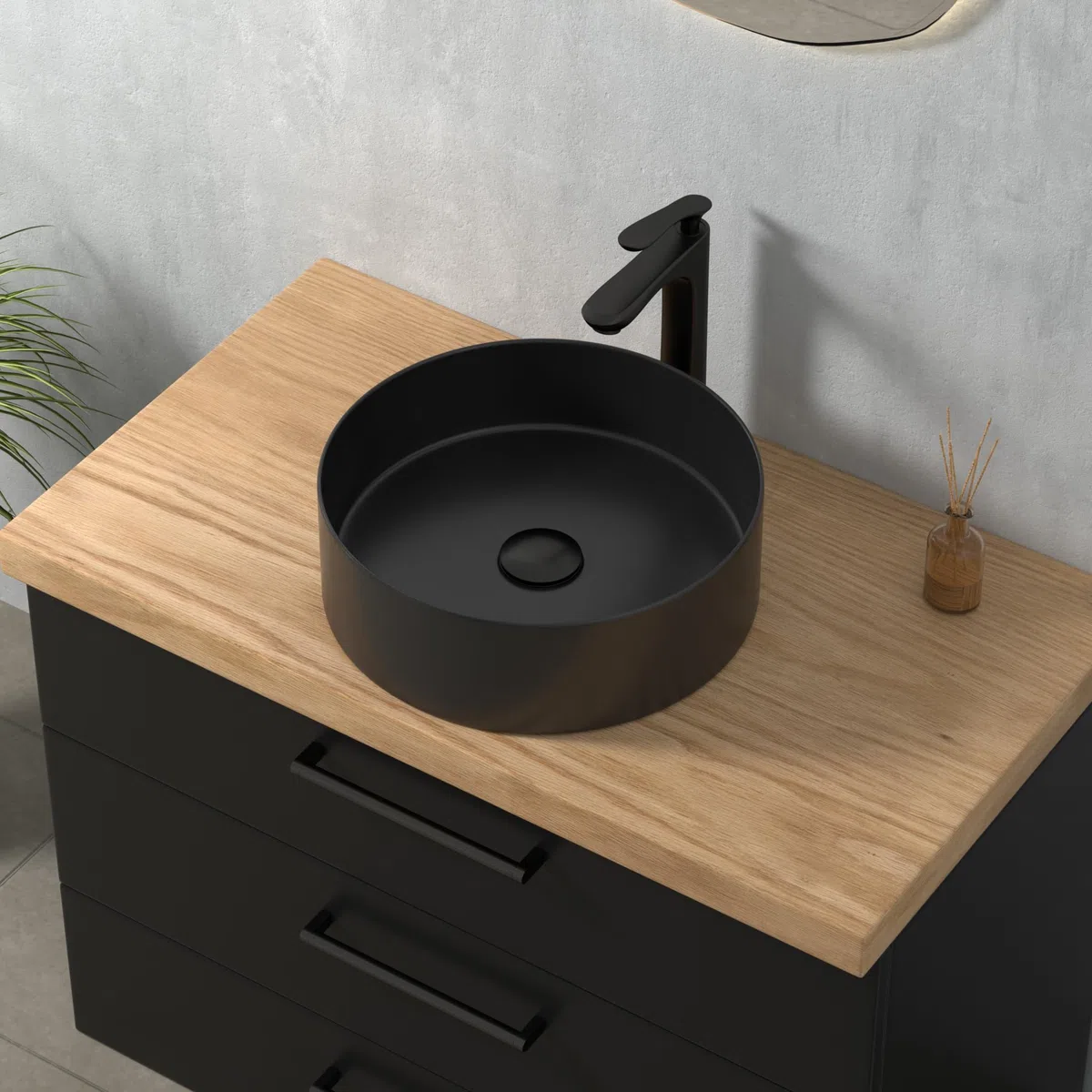 Lavabo negro, redondo, pequeño lavabo de mano en diseño elegante y fácil de limpiar para baño y aseo de invitados (negro mate, 39,5 x 39,5 x 13 cm)