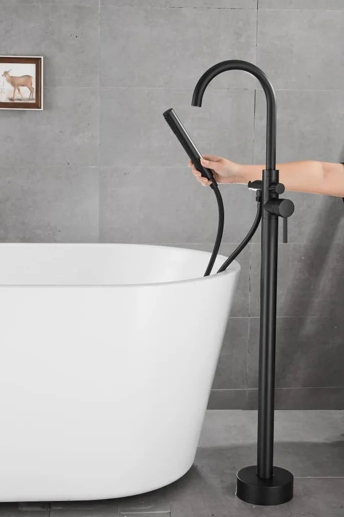 VALAZ Grifo Bañera Exenta Negro Mate | Grifo Monomando, Mezclador Agua Fría y Caliente, Ahorro de Agua | Instalación Fácil y Rápida | Inoxidable, Cuello Cisne Redondo, Serie Ebro