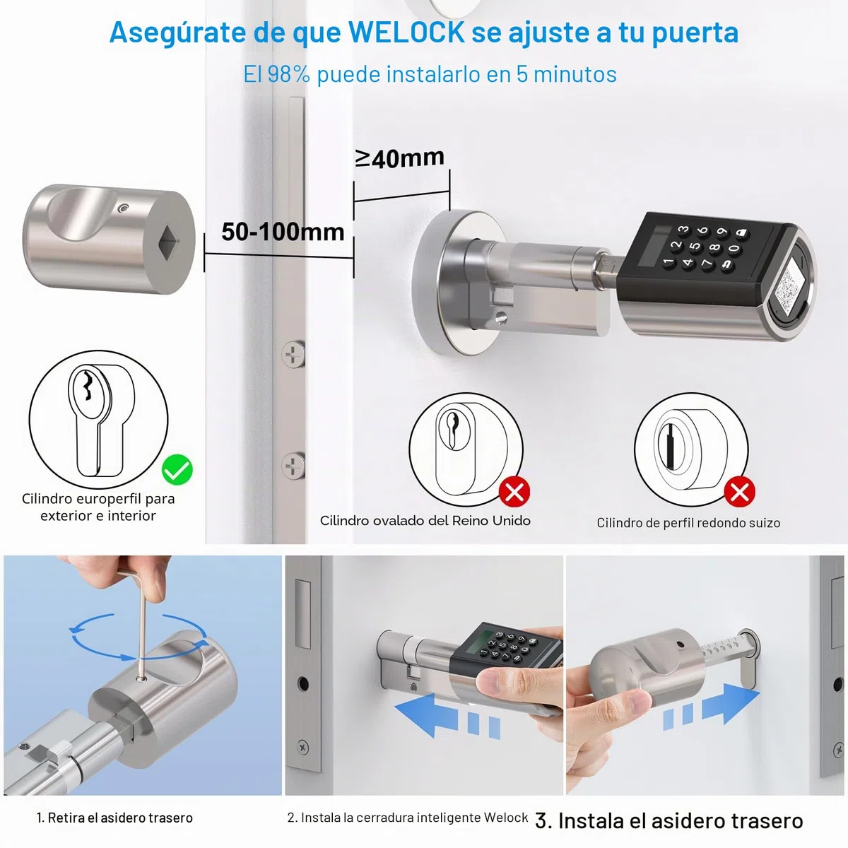 WELOCK PCB41 Cerradura electronica con contraseña y Bluetooth, cerraduras inteligentes con WiFi y tarjeta RFID, nivel de estanqueidad IP65, cerradura puerta electrónico fácil de instalar