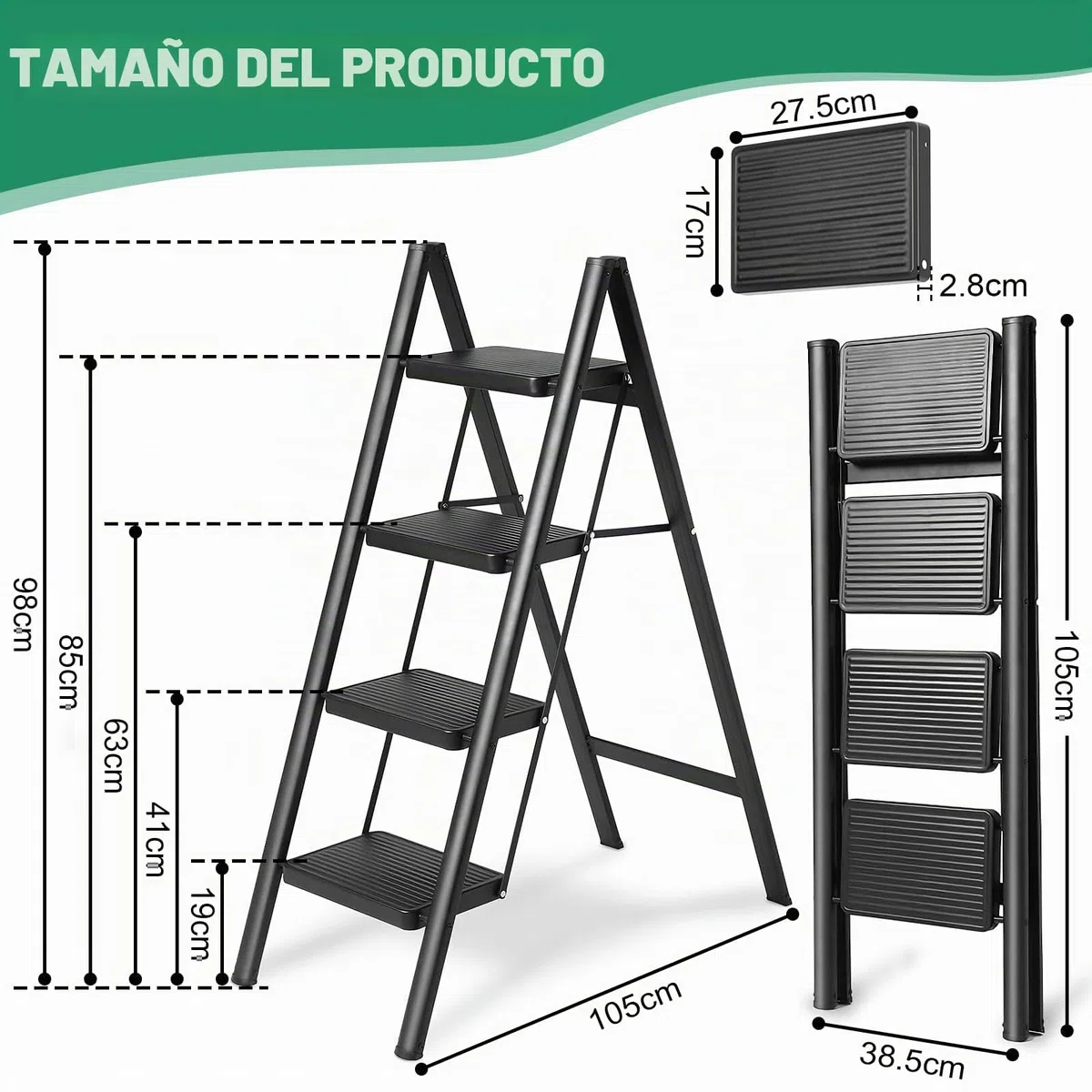 Escalera Plegable de 4 peldaños de Aluminio, Estable y Segura, peldaños Anchos Antideslizantes, soporta hasta 150 kg, para hogar, almacén, Taller y Uso Comercial