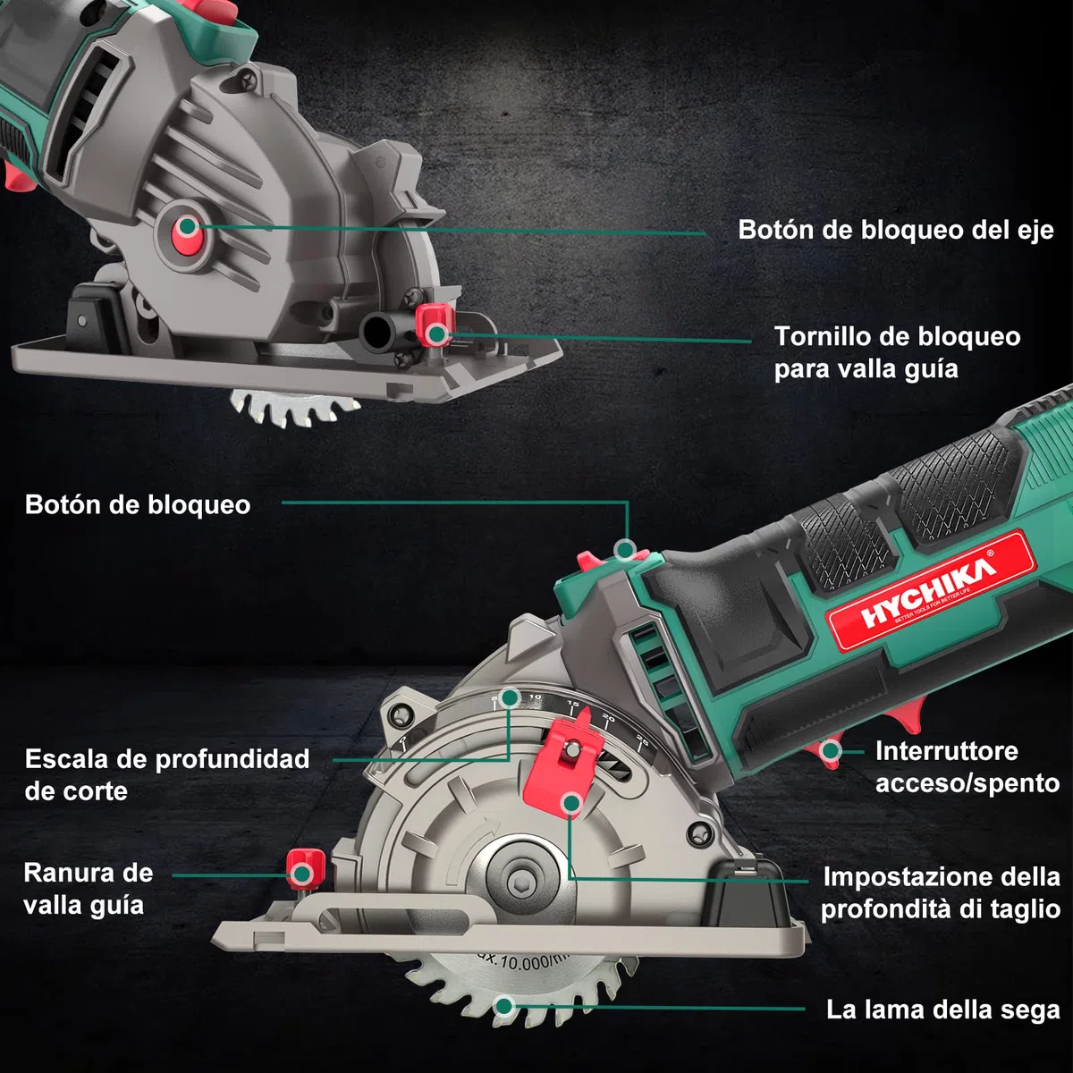 HYCHIKA Mini Serra Circular Manual de 500W e 4500 rpm, 3 lâminas de serra de 30T, 36T e diamante, ideal para cortar azulejos, madeira, metal macio, plástico