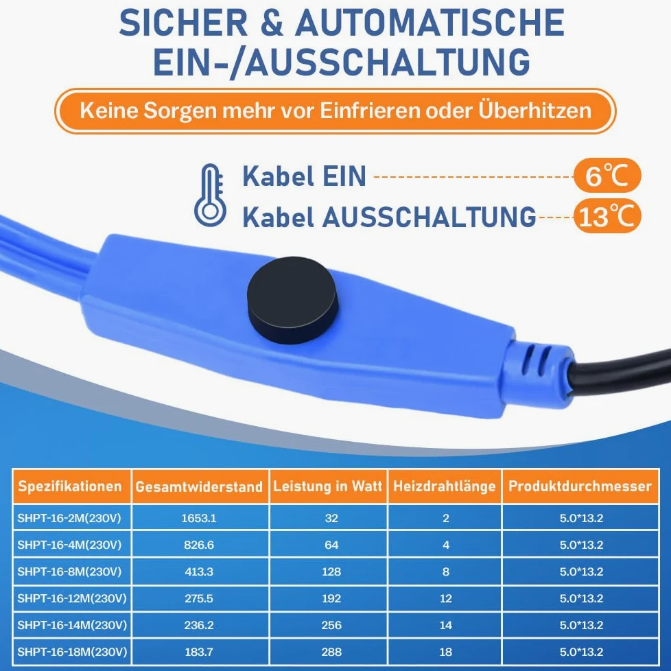 Cable calefactor antiheladas de 18 m con termostato e indicador de temperatura, 230 V, 16 W/M para tuberías de agua, resistente al agua, cable calefactor para tuberías