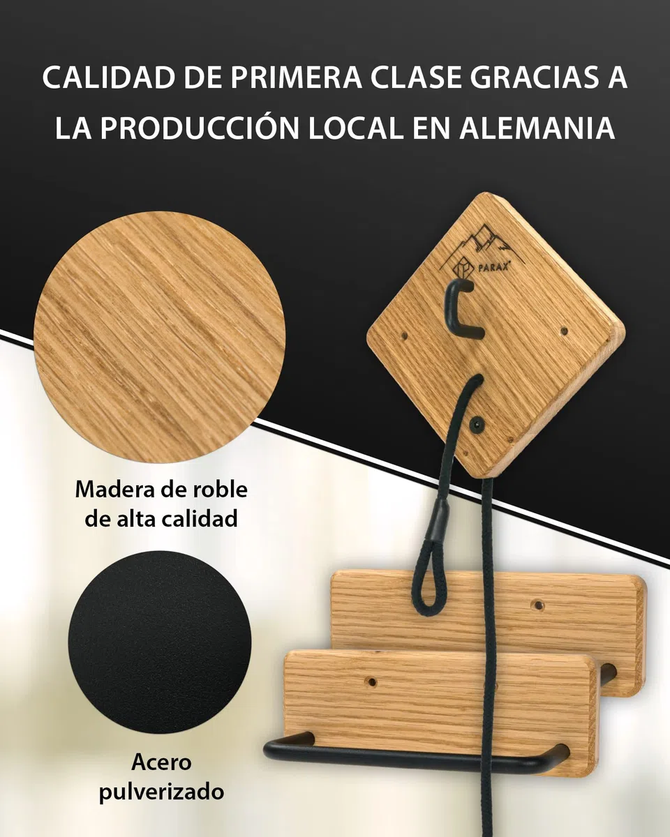 Soporte para bicicleta PARAX - Soporte de pared para bicicleta - Almacenamiento de bicicleta interior - para MTB, E-Bike, bicicleta de mujer, bicicleta de carretera, bicicleta gravel - hasta 35 kg - de madera