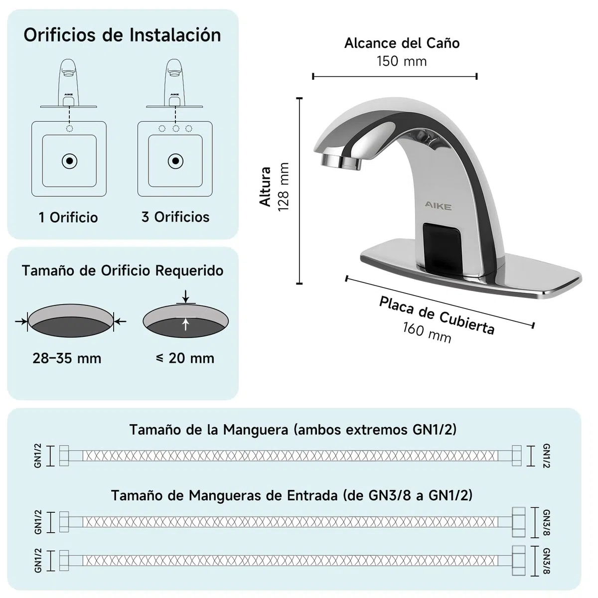 AIKE AK7500 Grifo Sin Contacto para Baño, Grifo Automático con Sensor de Un Solo Agujero con Placa de Cubierta para Baños Comerciales, Cromo