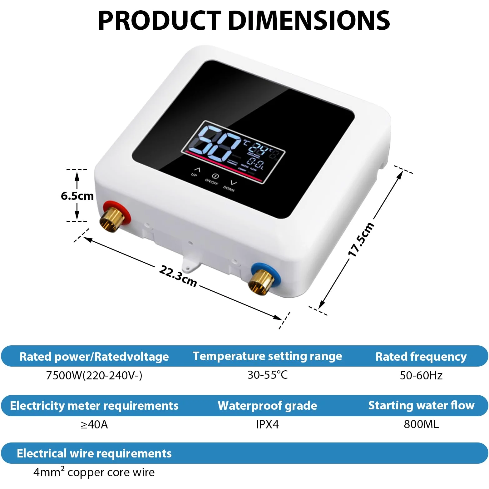 Calentador de Agua Electrico Instantaneo 220v 7500w, Calentador de Agua sin Tanque con temperatura constante, Ahorro de Energía, mini calentador de agua punto de uso para Cocinade Baño