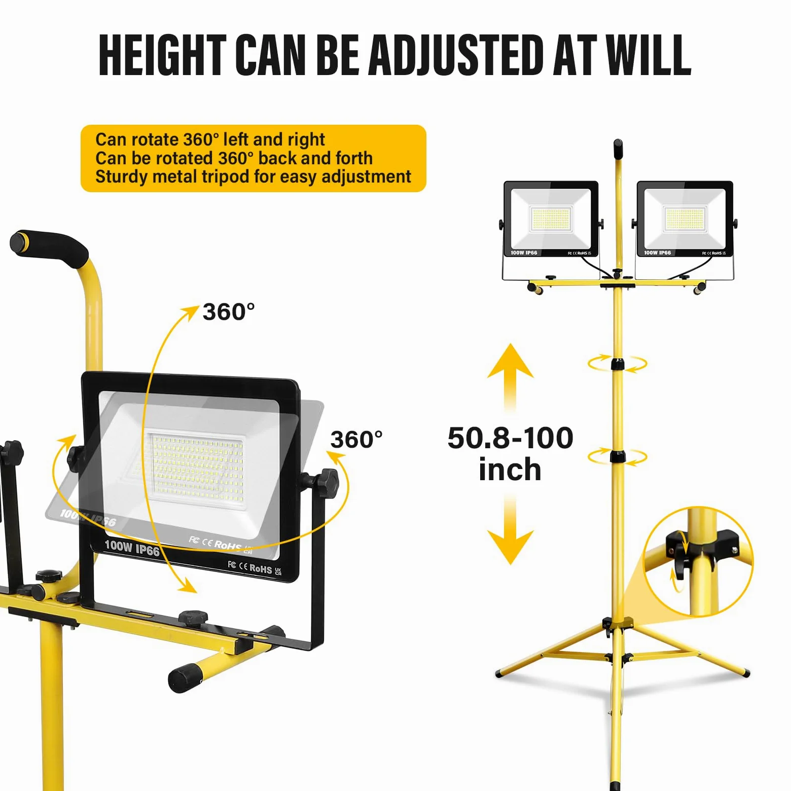 PICAA 200W(2 * 100W) Foco LED con Trípode Telescópico, 6000K Luz de Trabajo Portátil con Enchufe, Interior y Exterior Proyector Led para Taller, Obra de Construcción, Garaje, Jardín