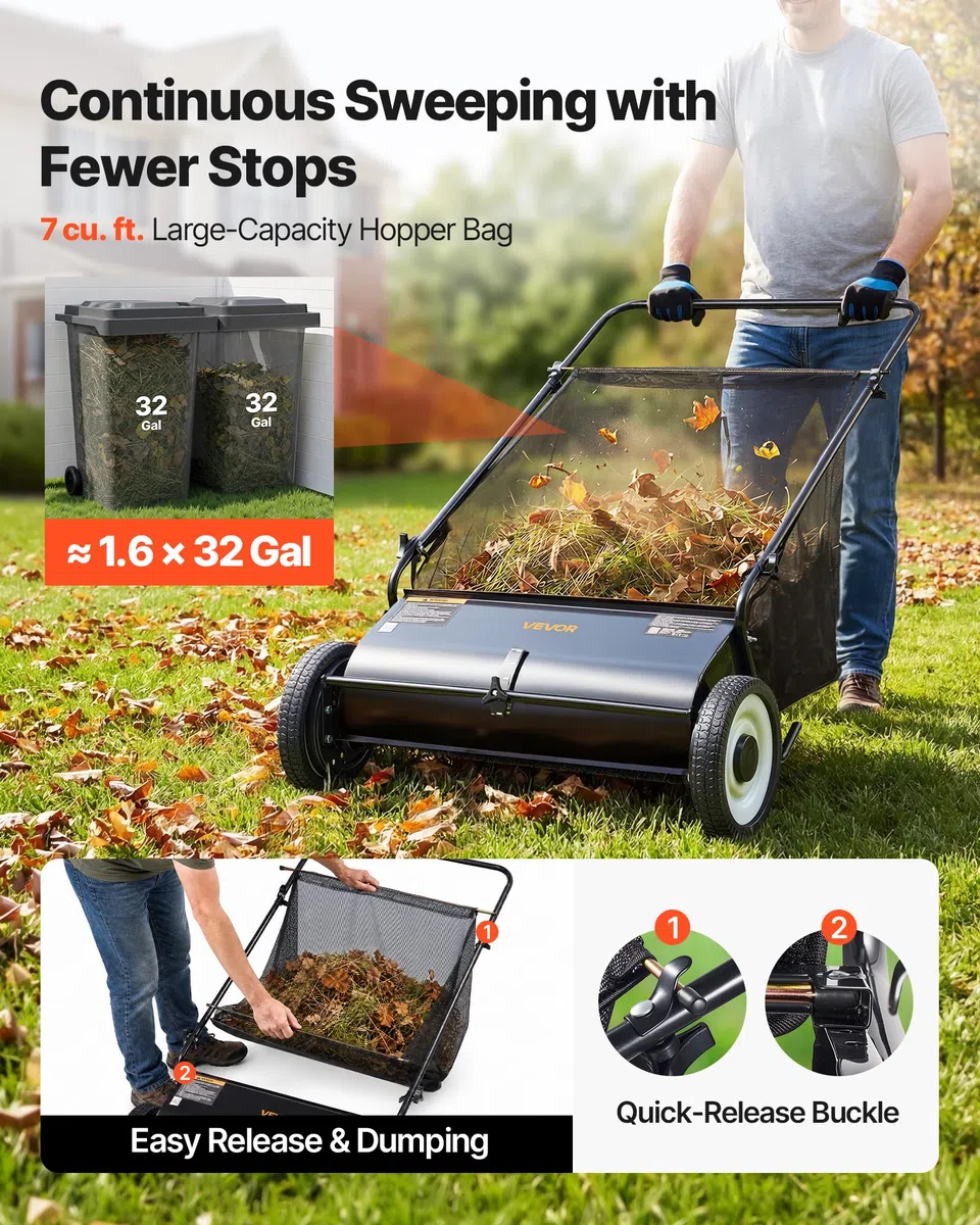 VEVOR Barredora de Césped 198L Cortacésped Manual con Bolsa recolectora Ancho de Barrido 66cm Cepillo Giratorio Altura Ajustable Ruedas 25,4 cm para Césped Hojas de Jardín Escombros Secos 142x81x75 cm