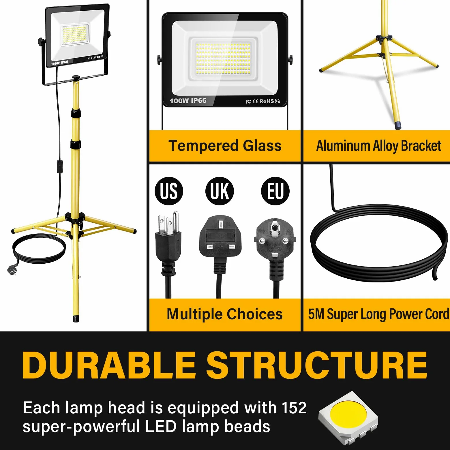 SKYWORLD Foco LED 100 W, trípode, 10000 lm, resistente al agua, para taller, construcción, garaje, jardín