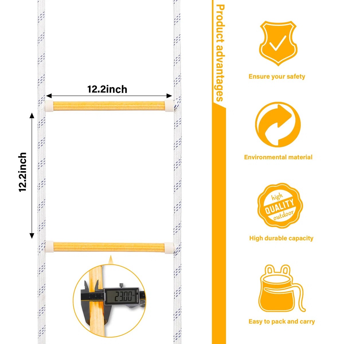 Escalera de Cuerda de Seguridad ignífuga con 2 mosquetones, Escalera de Seguridad ignífuga, Escalera de Rescate para balcón, escaleras de Incendios Reutilizables, compacta y portátil, 2 m