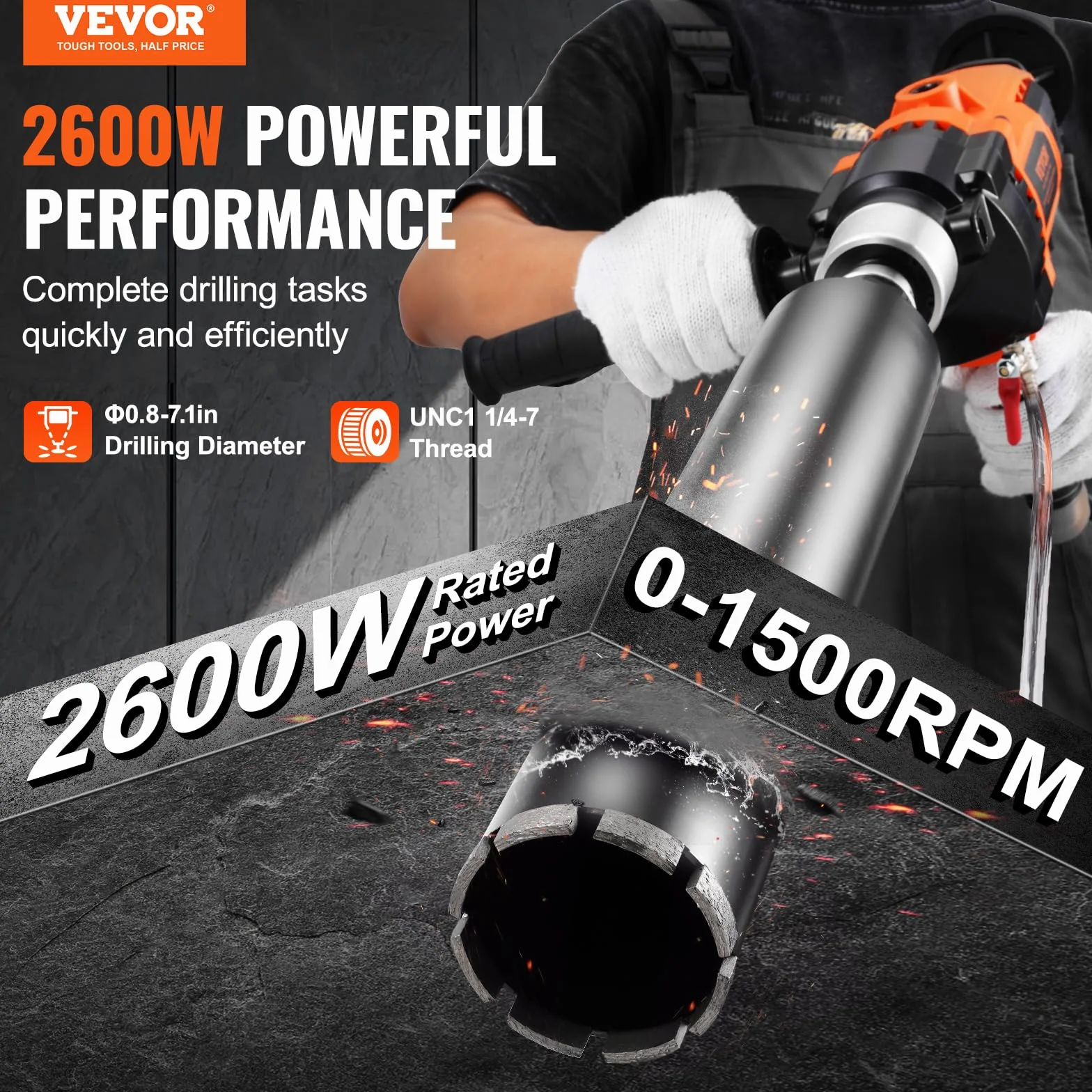 VEVOR Taladro de núcleo Portátil de 20-180 mm de Diámetro de Perforación con Estuche de Transporte, Taladro de Núcleo de Hormigón de 2600 W Uso Húmedo y Seco para Perforar Hormigón y Mezclar Pintura