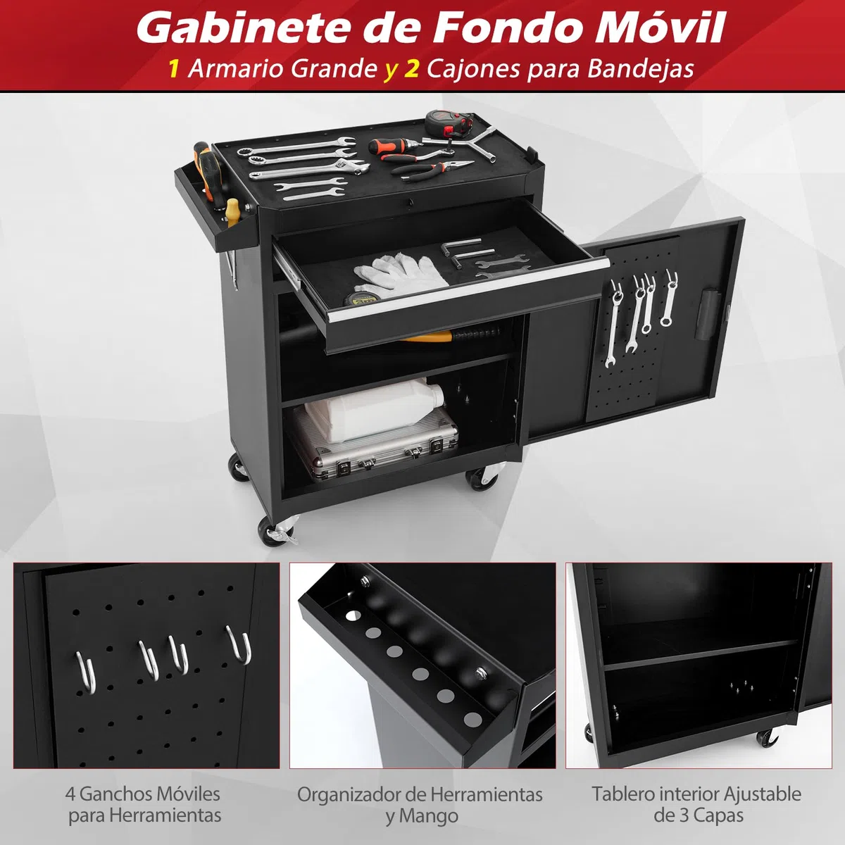GYMAX Carro de Herramientas con Ruedas, 2 Ruedas con Bloqueo, Armario de Herramientas con 5 Cajones, Gancho, Estante Ajustable y Forro Antideslizante (Negro, 59 x 28 x 102 cm)