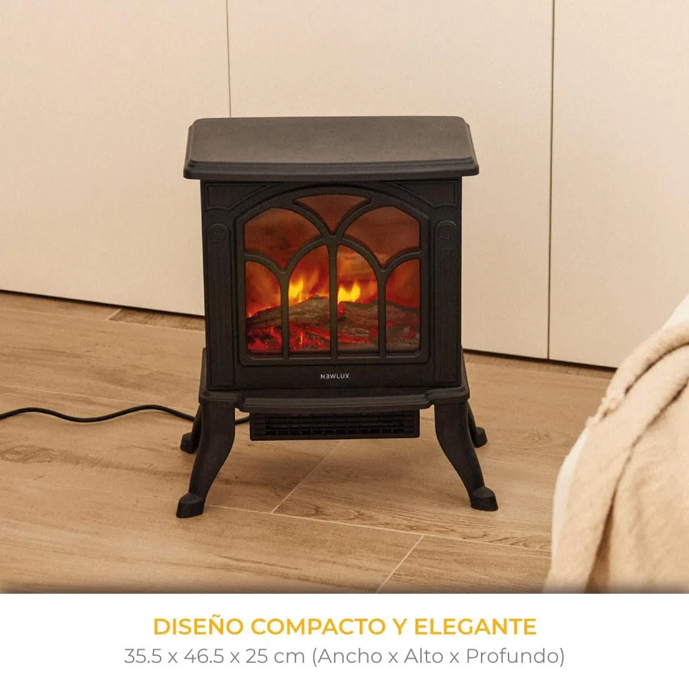 NEWLUX Chimenea Eléctrica Classic Flame, Calefactor Cerámico Termoventilador Llama Decorativa, Chimenea portátil, Termostato, 2 Niveles, Sensor Seguridad Sobrecalentamiento, 750/1500W, 355x465x250mm