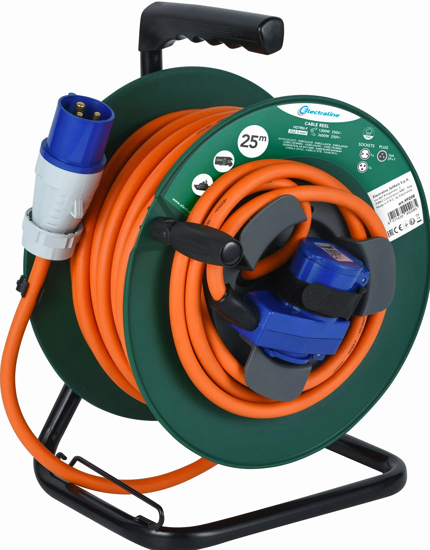 Electraline 49208 Cable Alargador con Enrollacables Industrial de 25M para Campistas, Camping, Caravana,con Doble Toma (1 CEE Industrial+1 Schuko), Enchufe CEE IEC, Cable H07RN-F 3G2.5mm IP44, Verde