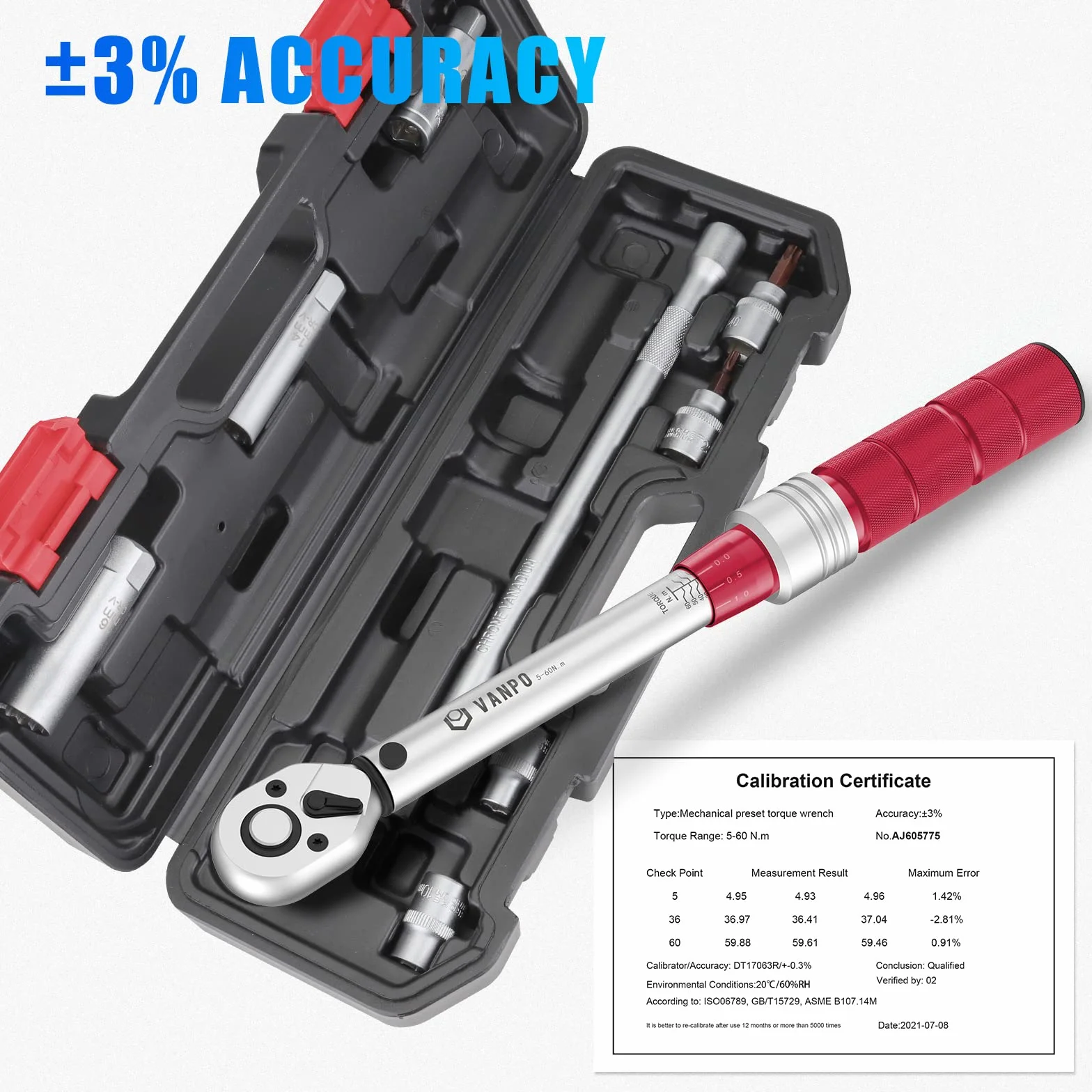 VANPO Llave Dinamométrica 3/8'', 5-60 Nm Llave de Torque, Precisión ±3%, 9 Piezas Juego Llaves Vaso con Extensión, Junta Universal, Magnética Vasos de Bujía, Bits, para Bicicleta, Moto, Coche
