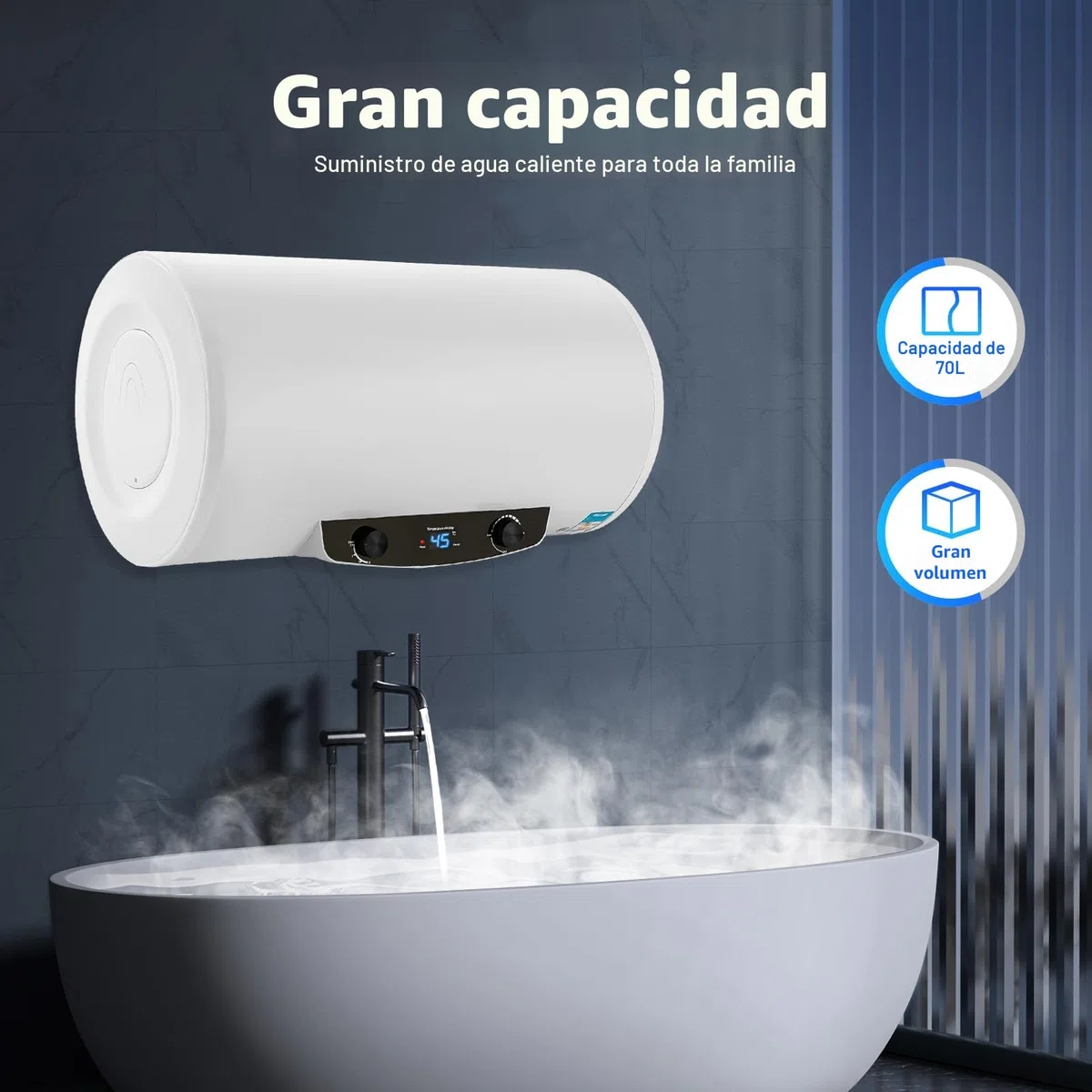50L/120L de almacenamiento eléctrico horizontal, depósito de agua eléctrico, potencia de calentamiento de 2000 W y termómetro,válvula de seguridad, 120L(Capacidad real de agua: 70L)