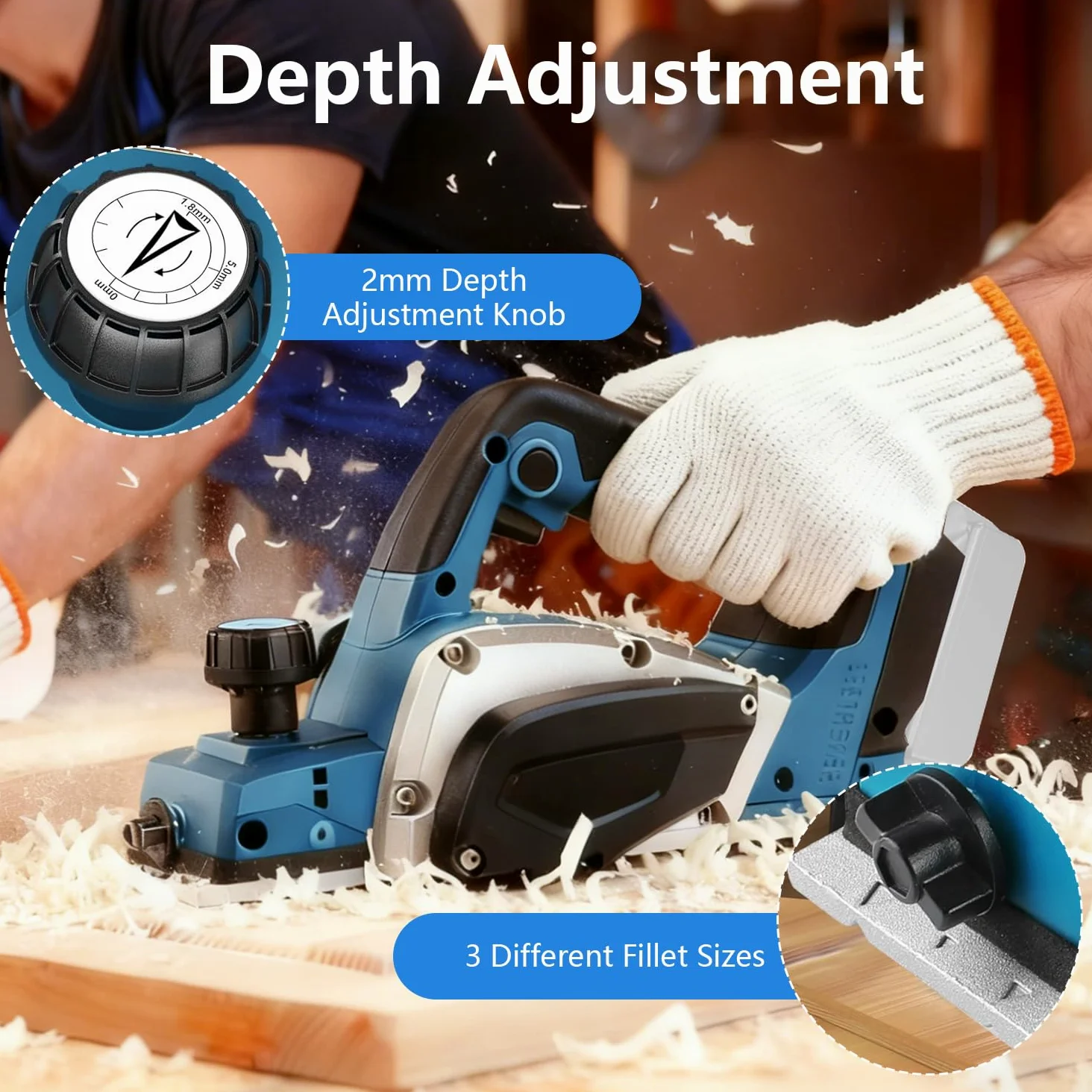 Cepillo eléctrico para madera, cepillo inalámbrico compatible con Makita 18 V batería, 15000 rpm cepilladora para trabajar la madera de puertas y muebles de casa (sin batería ni cargador)