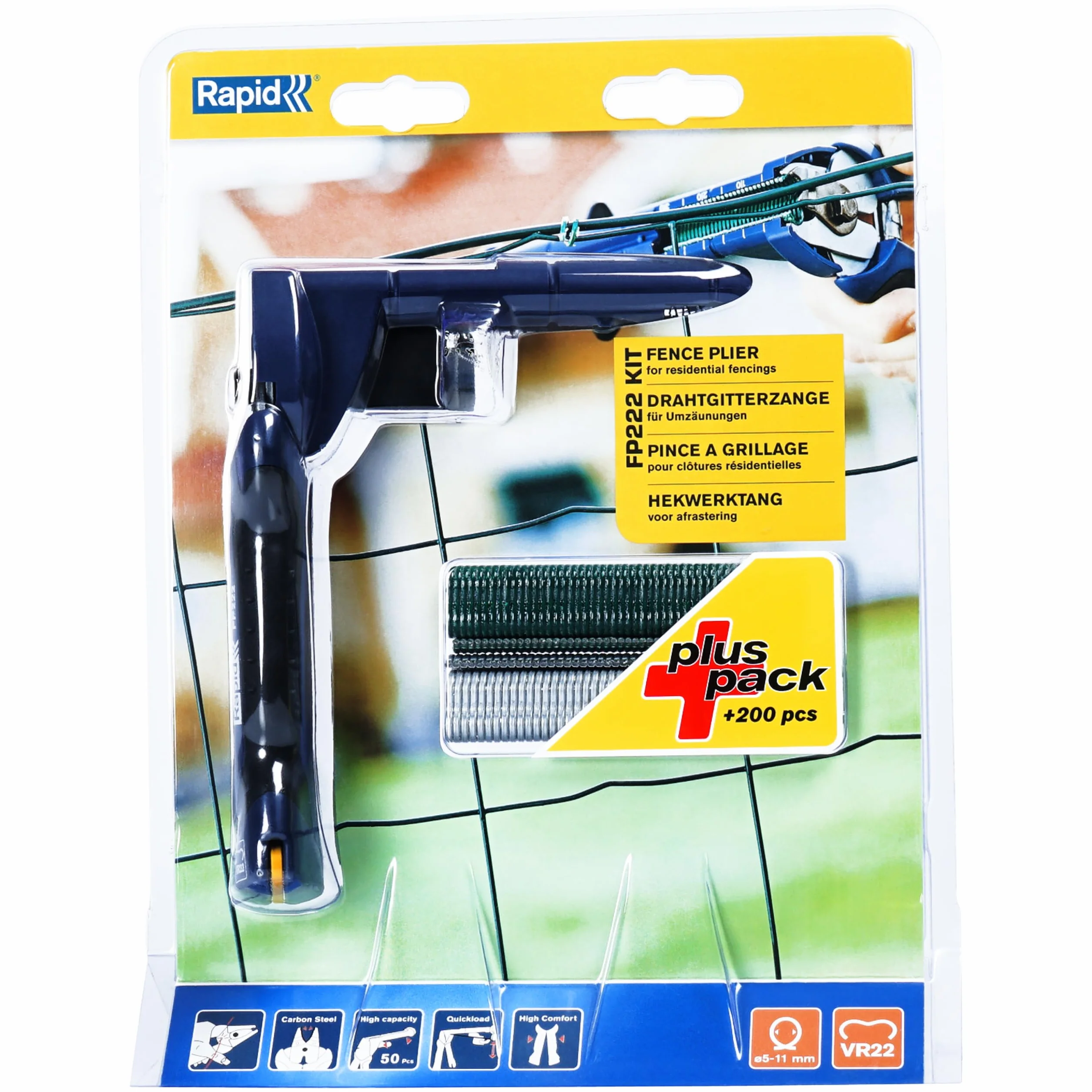 Rapid FP222 Grapadora de Cercas para Grapas VR22 de Gran Capacidad, Mango Ergonómico, Fácil de Guardar, Incluye 200 VR22 Grapas de Cercas (40303112)