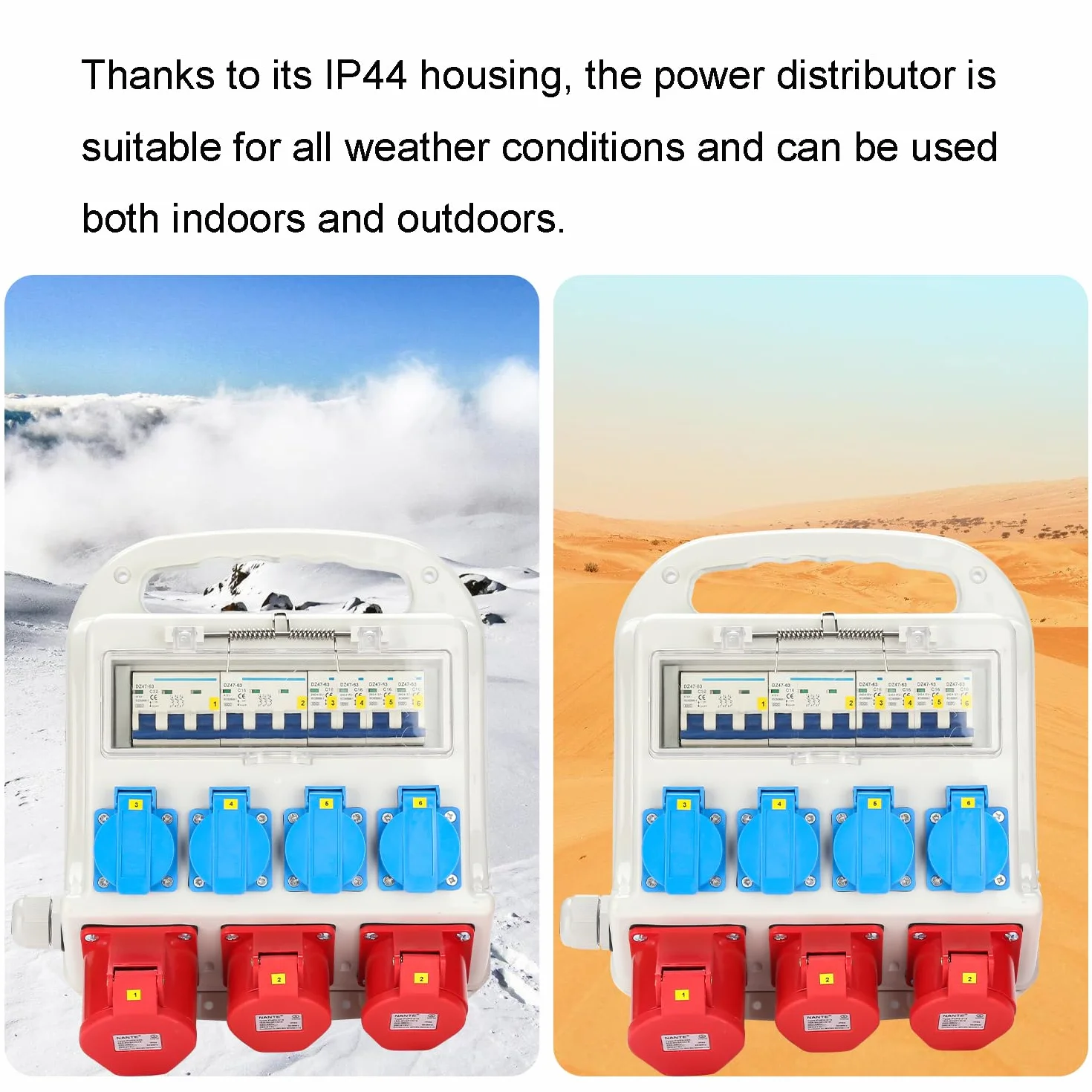 Distribuidor de pared, 2 x CEE 16A 400V+1 x CEE 32A 400V+4 x 230V Schuko IP44 Distribuidor de corriente de obra de 5 polos, cable de goma resistente alimentación, tomas de corriente