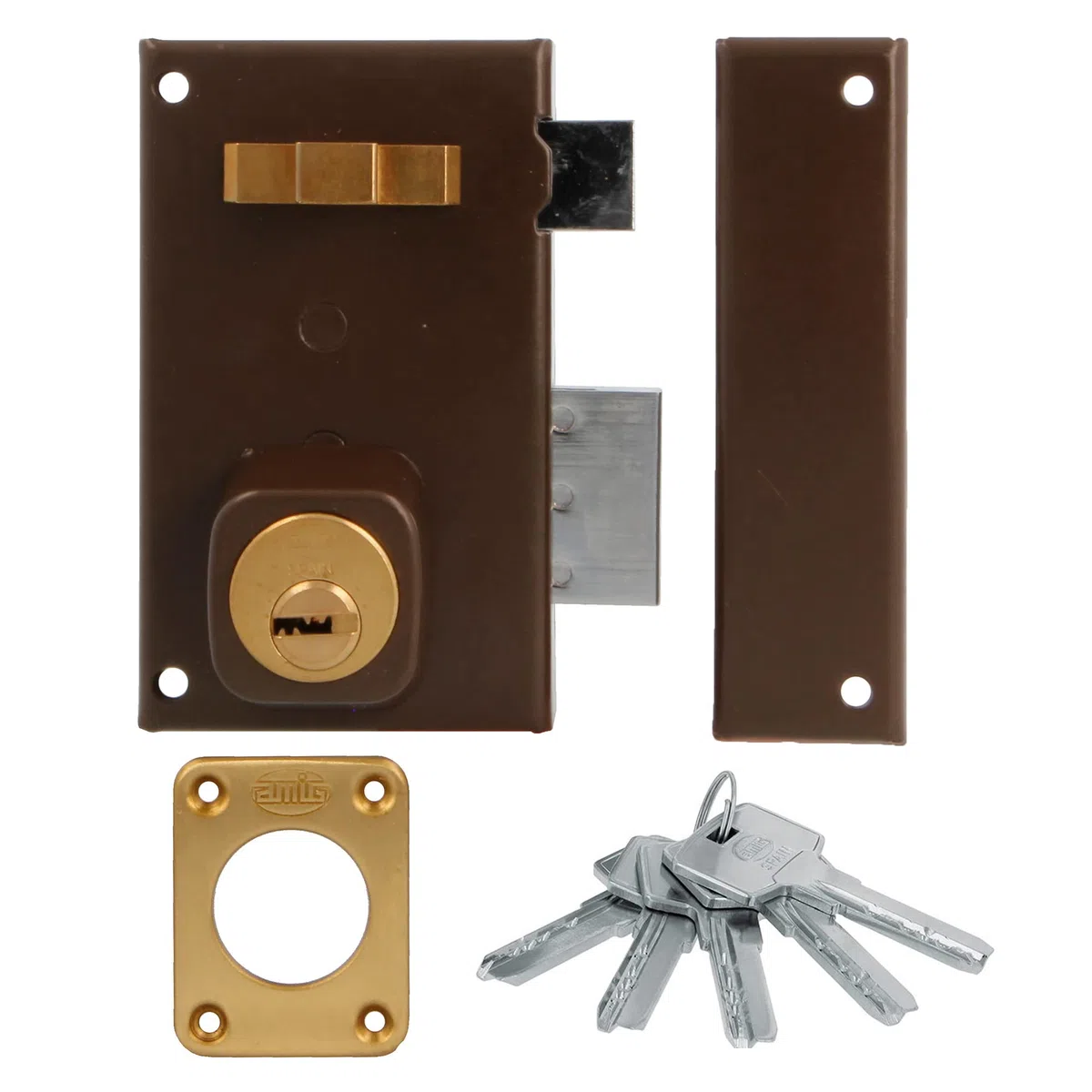 Amig - Cerradura de Sobreponer de Derecha con Palanca de Cierre - Tirador para Puertas de Madera - Mod. 75 67 x 112 mm - Cilindro Redondo de Seguridad - Acero - Marrón