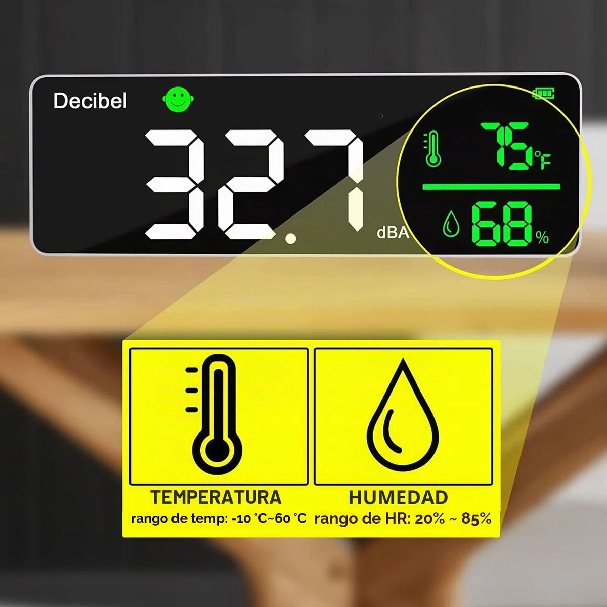 Medidor de nivel de sonido de 11 pulgadas con pantalla LED grande, medidor de humedad y temperatura con alarma e indicador amplio