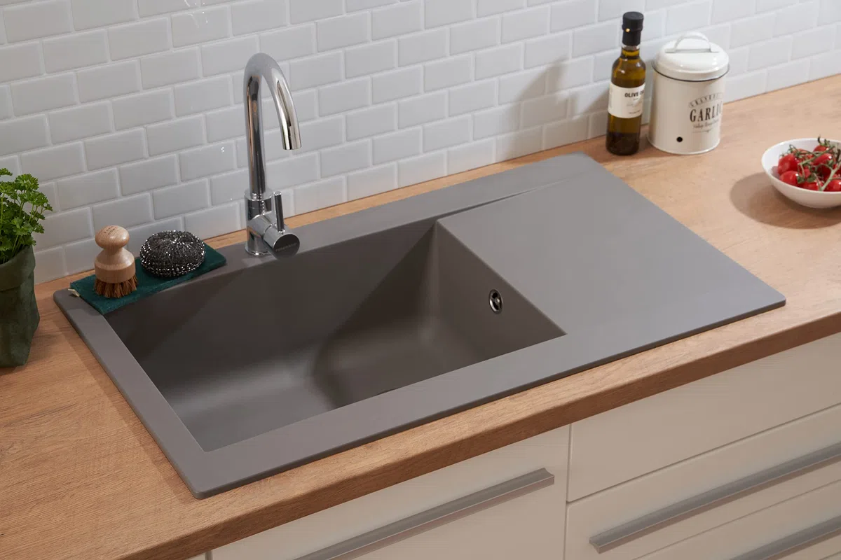 Respekta fregadero de cocina Denver de mineralita en gris cemento/Fregadero empotrable de 1 cubeta en 86 x 50 cm/Lavabo adecuado para armarios inferiores de 60 cm de ancho