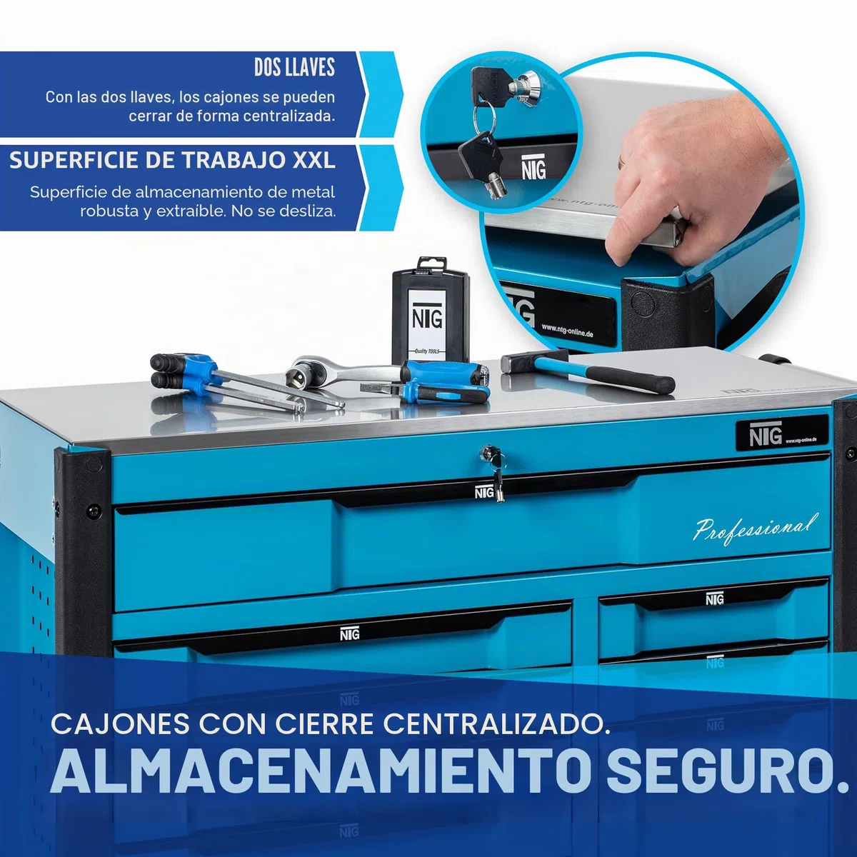 NTG Carro de herramientas XXL equipado con herramientas | 457 piezas | +12 cajones con cerradura | 10 de ellos con herramientas | con inserciones suaves en aspecto de carbono | carro de taller caja de