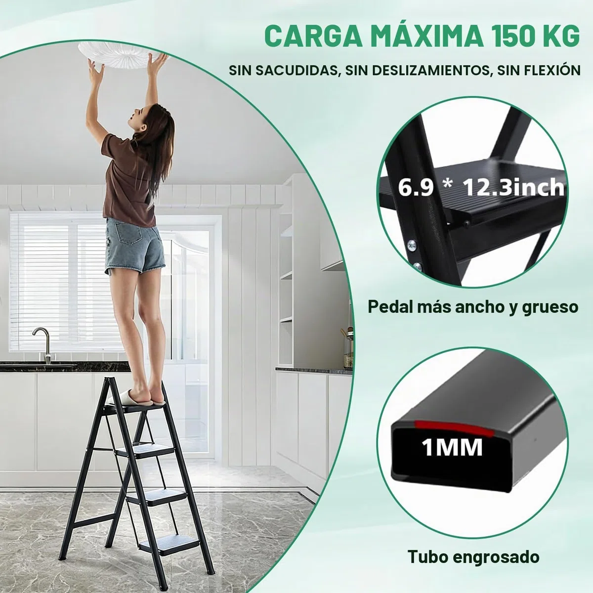 Escalera Plegable de 4 peldaños de Aluminio, Estable y Segura, peldaños Anchos Antideslizantes, soporta hasta 150 kg, para hogar, almacén, Taller y Uso Comercial