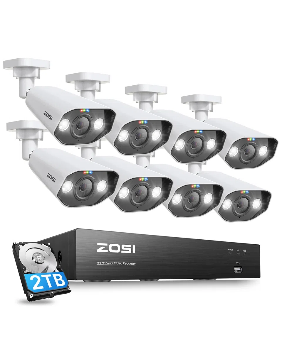 ZOSI 4K Kit de Cámara de Vigilancia PoE 8CH 8MP H.265+ Grabador NVR y 2TB Disco Duro con 8pcs Cámara de Seguridad Exterior, Visión Nocturna en Color, Alarma de Movimiento, Audio Bidireccional