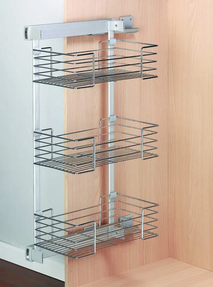 CESTOS LATERALES con guias de extracción total – para ARMARIOS, VESTIDORES, muebles de cocina – marco de aluminio, cestas en acero cromado – sistema de guías de freno (ALTO 74CM, IZQUIERDA)