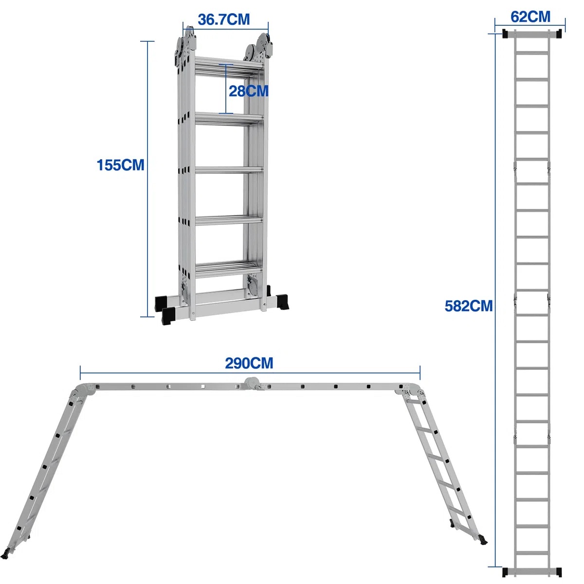 Ikodm Escalera multifunción de Aluminio de 4 x 5 peldaños, 5,82 m, 7 en 1, hasta 150 kg, con 2 Ruedas de Transporte y 2 Plataformas, Escalera articulada Plegable