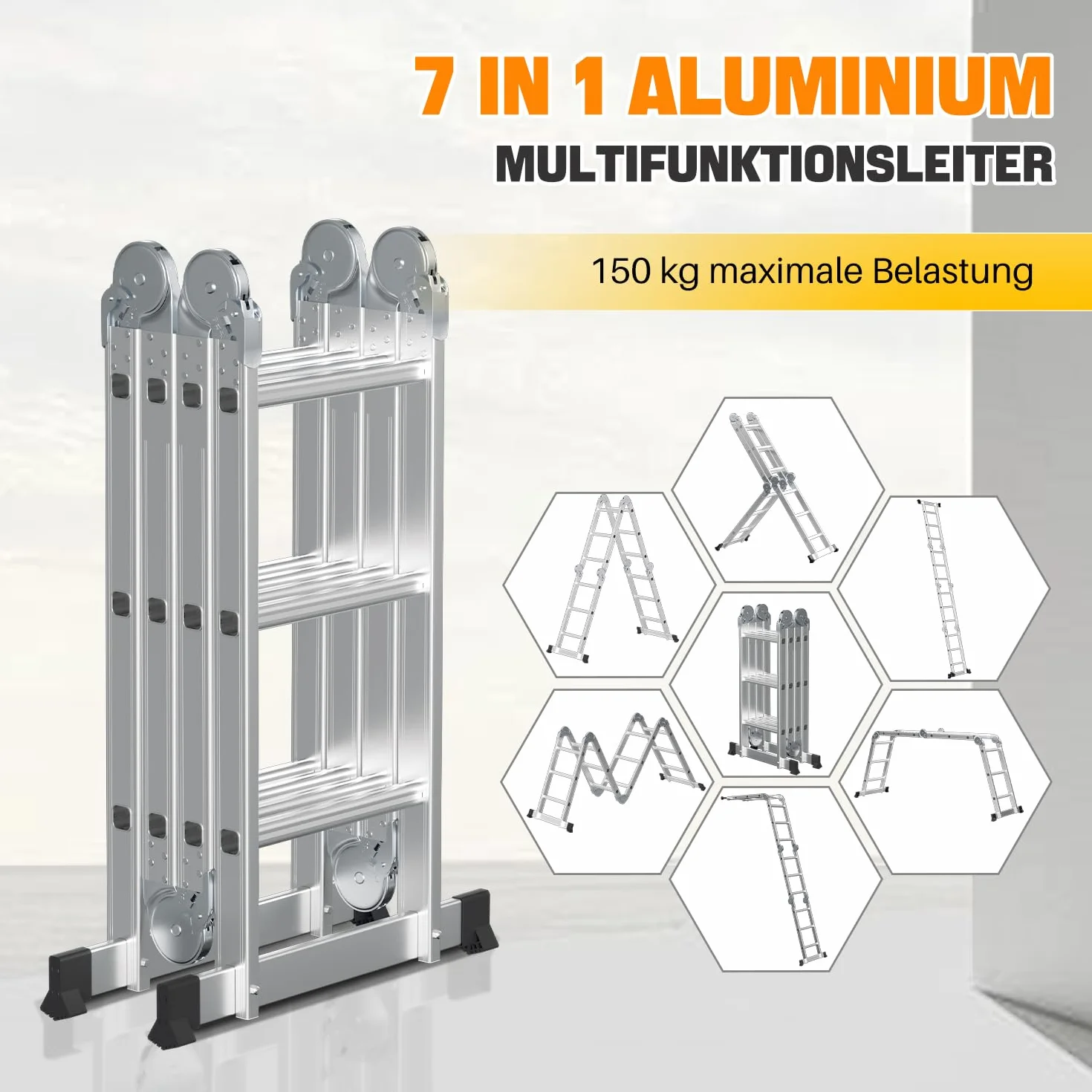 Fiqops - Escalera multifunción (4 x 3, 360 cm, 7 en 1, aluminio, con 2 plataformas y 2 ruedas de transporte, hasta 150 kg)