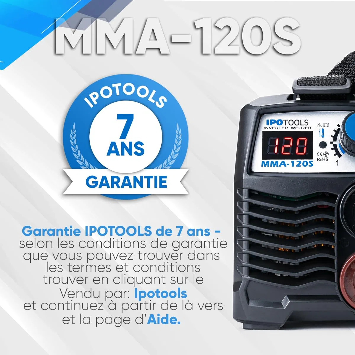 IPOTOOLS MMA-120S Soldadora de Electrodo 120A - Mini Soldadora Eléctrica Inverter MMA con Pantalla LCD, Anti-Adherente, 230 V, 7 Años de Garantía